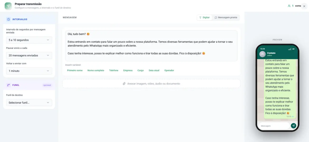 Tela de preparar transmissão da waLeads com preview da mensagem