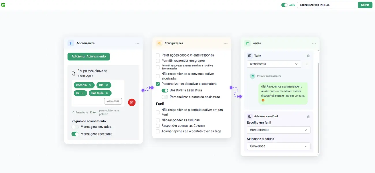Construtor de automação da waLeads com acionamentos, configurações e ações