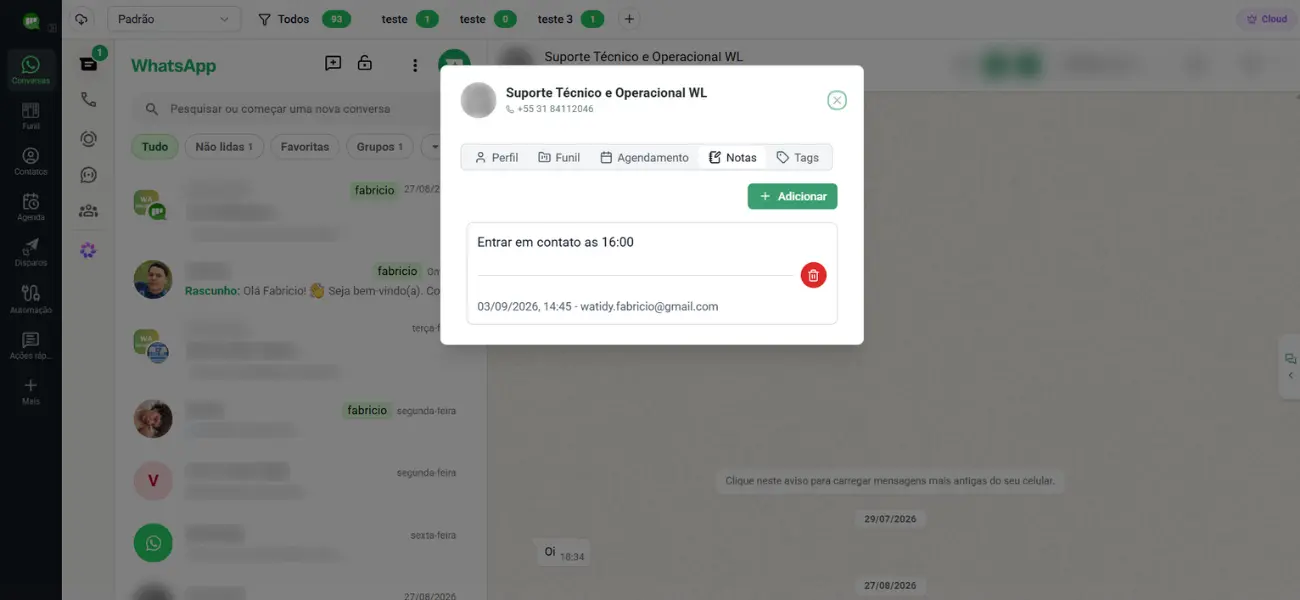 Adicionar nota a um contato na waLeads