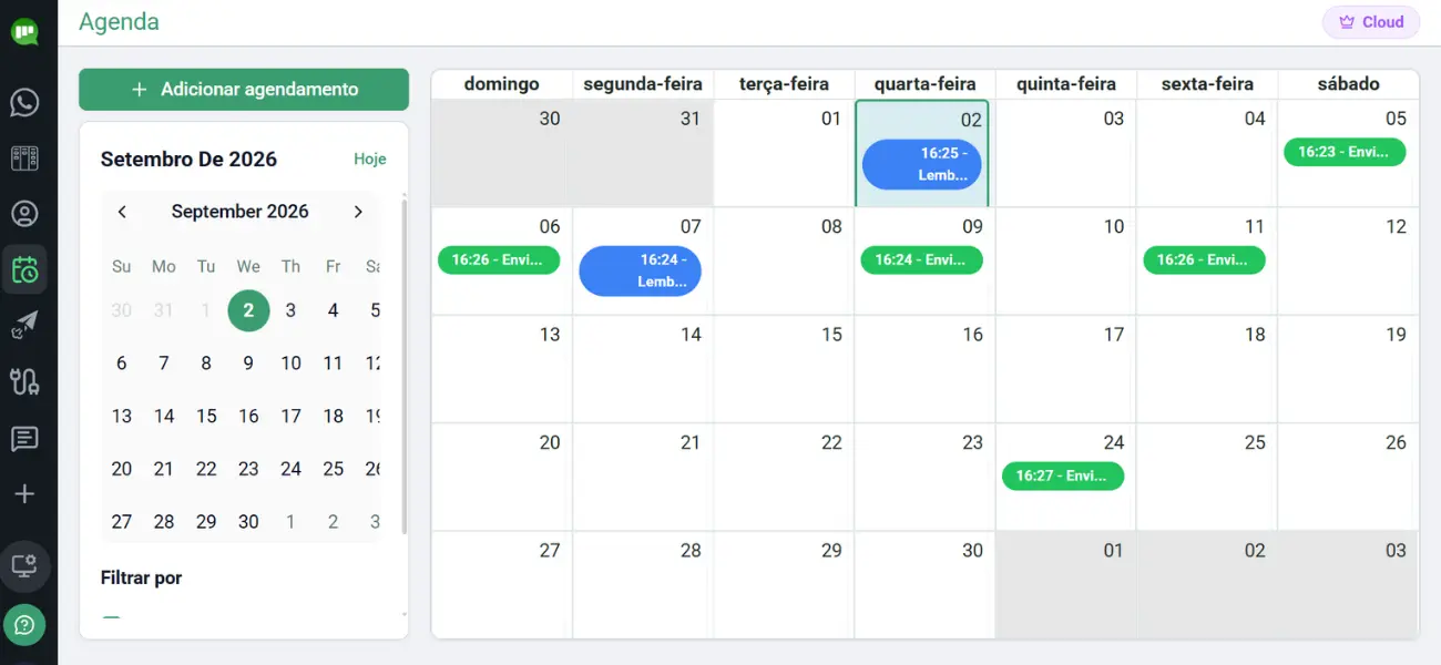Agenda da waLeads com os agendamentos e lembretes do mês